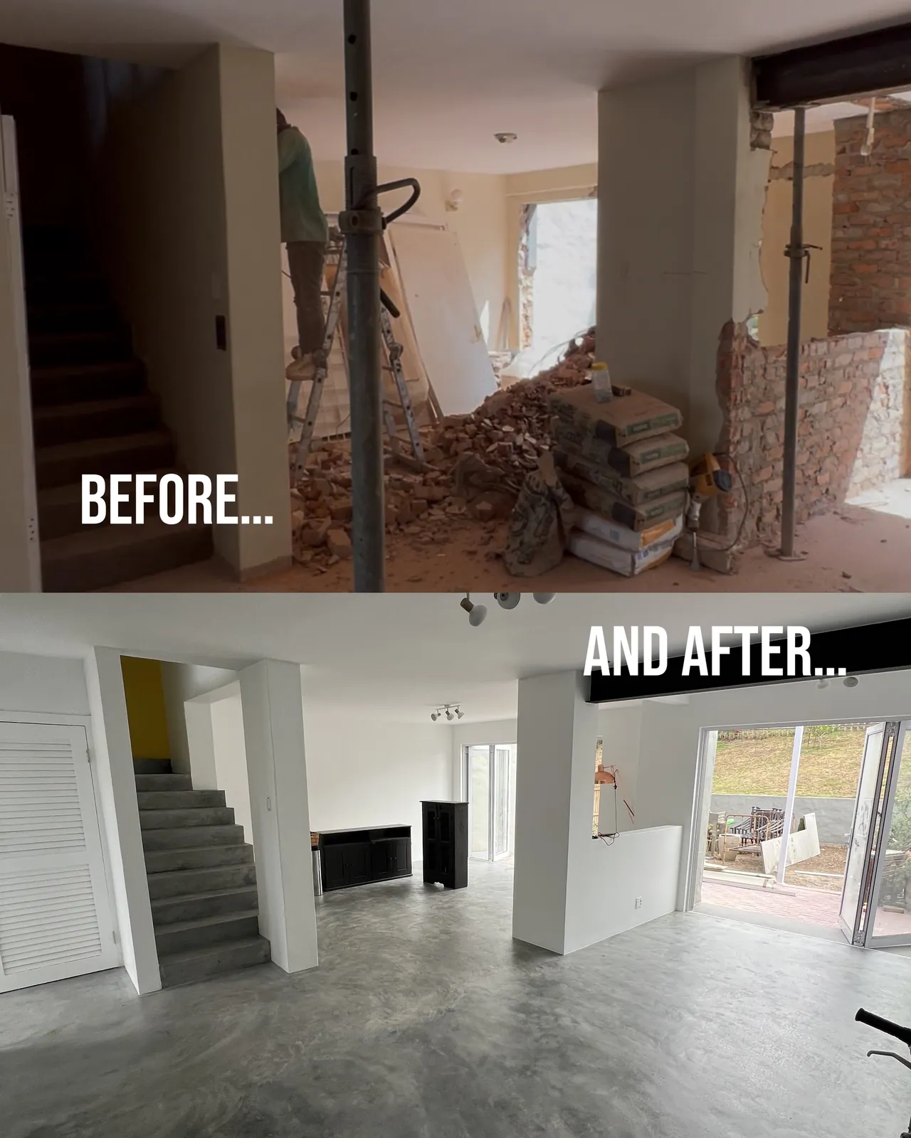 Before and after: the ground floor during demolition and finished