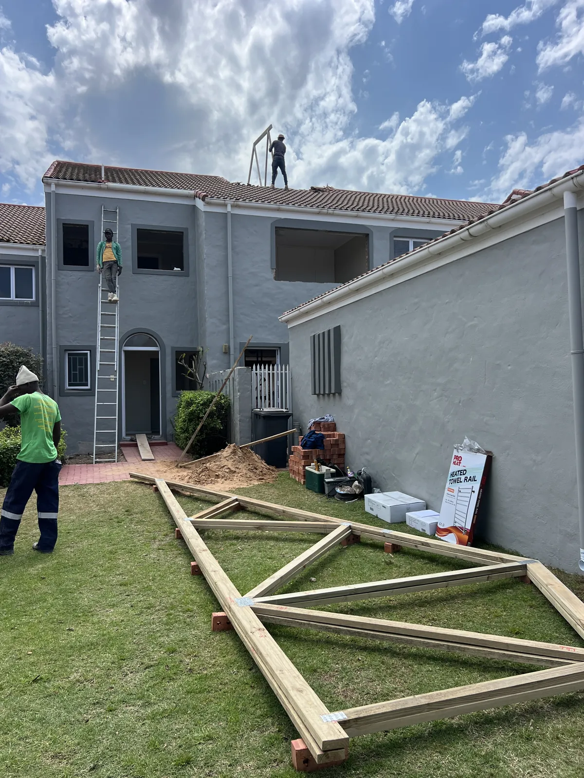 New roof trusses made up on site for the enclosed balcony