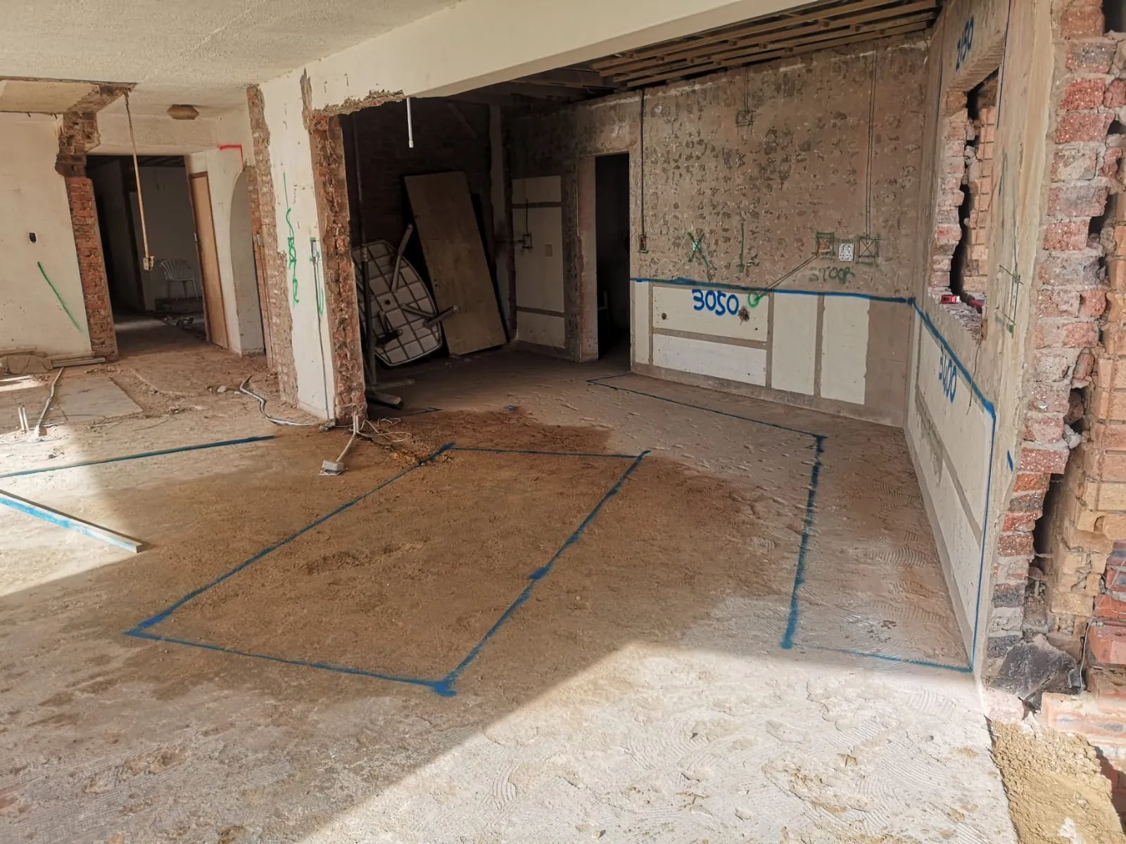 Inside stripped back and new layout marked out on the floor