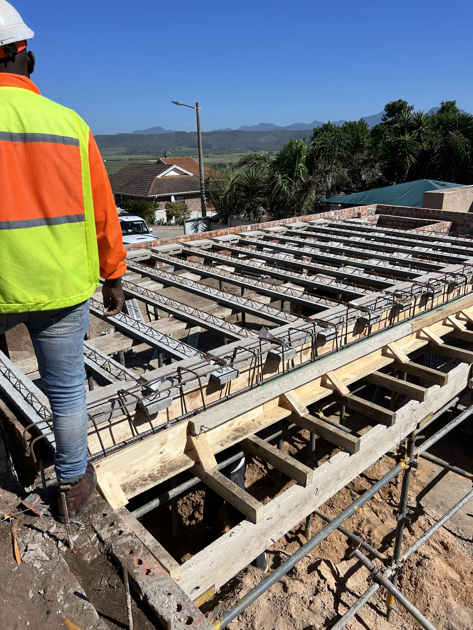 Precast beams and blocks laid out for the suspended slab