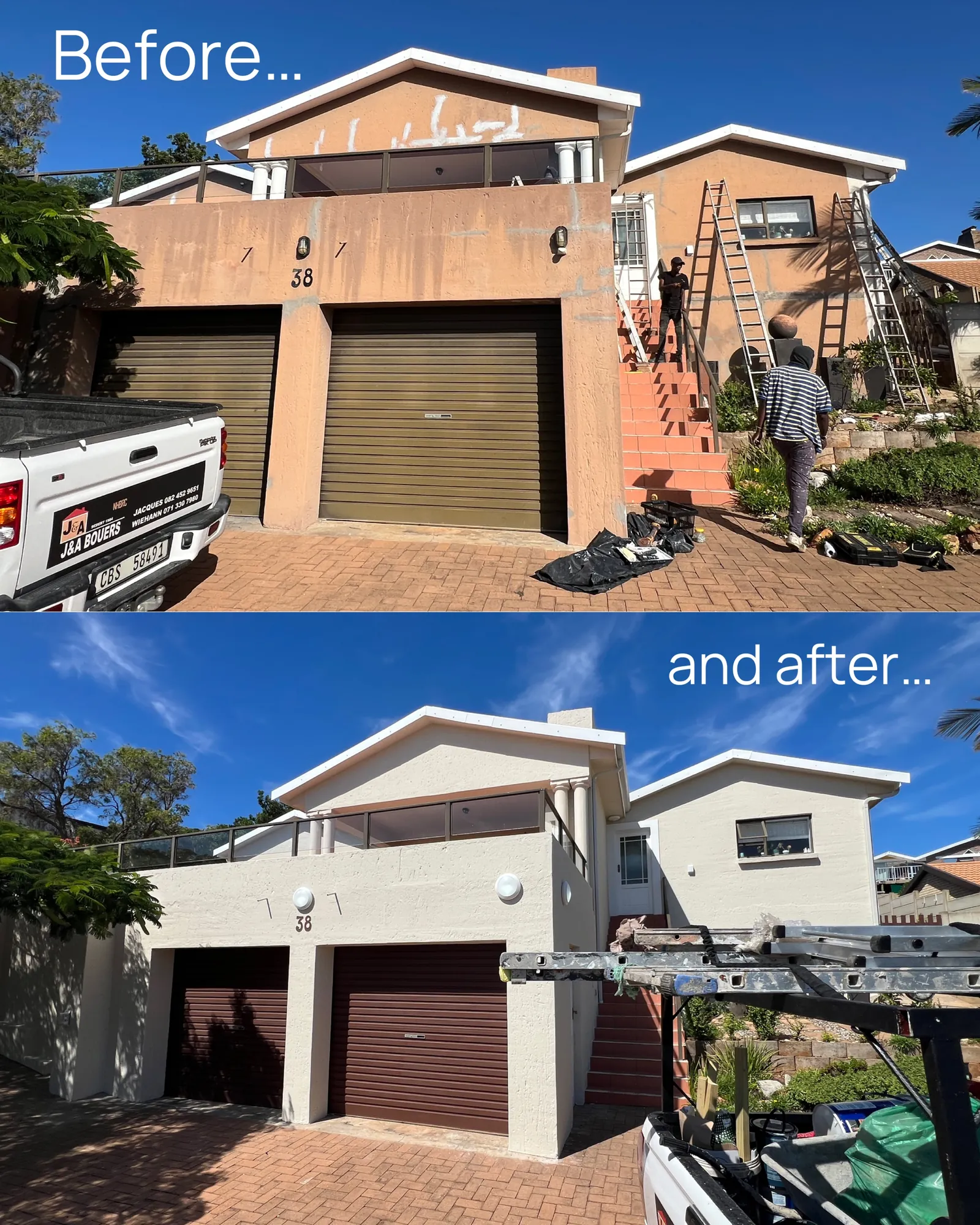 House Rooiels before and after: faded terracotta walls repainted in a clean off-white